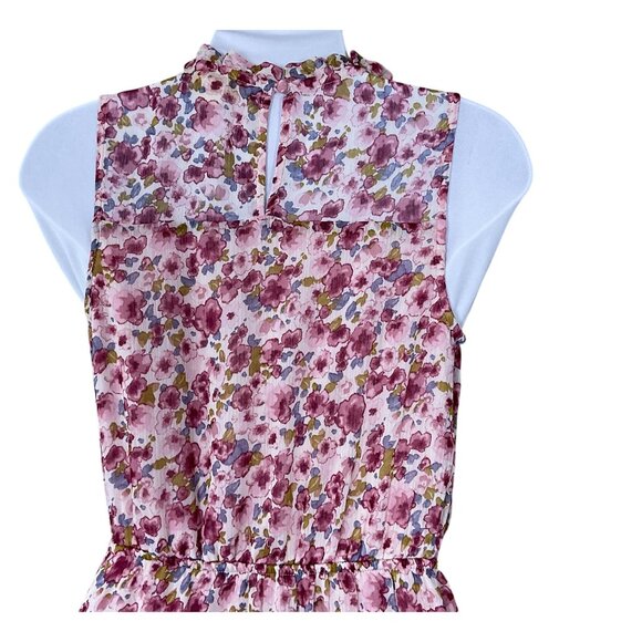 Monteau Sleeveless Pink Floral Ruffled Tiered High Neck Dress Keyhole Back XS - Picture 4 of 8